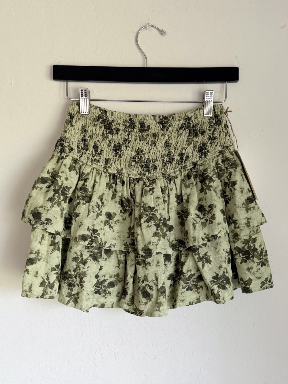 Midnight Sky Floral Tiered Ruffle Cotton Linen Mini Skirt Sage Green, Sz S NWT